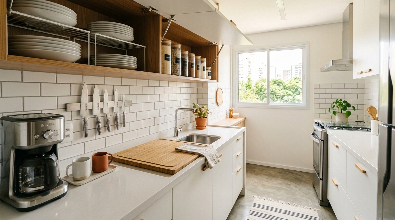 Cozinha pequena corredor organizada em apartamento moderno com bancada livre e soluções verticais